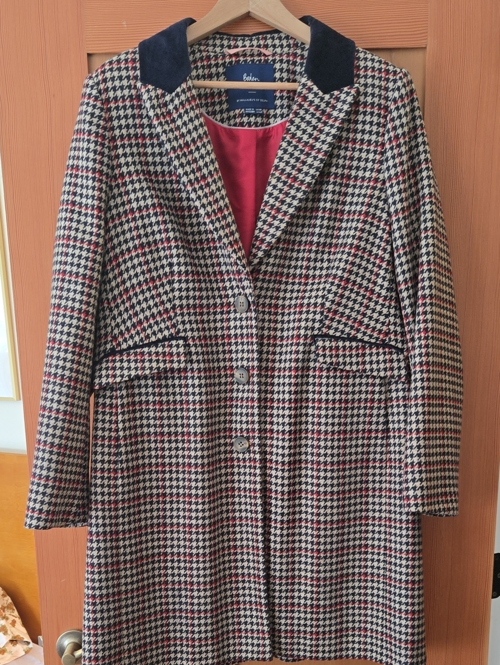 Boden British Tweed Houndstooth Wool Coat with Navy Velvet Collar 16
